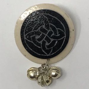 Carved Celtic Knot Emu Ostrich Shell Pin W/ Bells